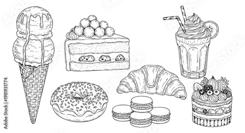 Set of hand drawn desserts including ice cream, cake, donut and croissant