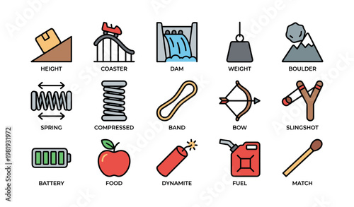 Various physics objects and tools illustrations including coaster and dam