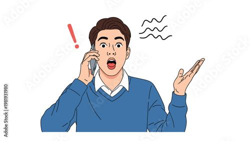 Surprised man with an open mouth talks on a mobile phone while a red exclamation mark and wavy lines appear above.