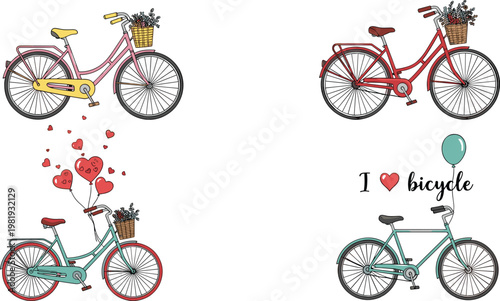 Colorful Bicycle Designs with Heart Balloons and Flower Baskets, I Love Bicycle Vector Art for Cycling, Fun, and Love Themes