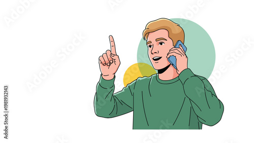 Young man wearing a green sweater talks on his mobile phone and points his finger up during a casual conversation.