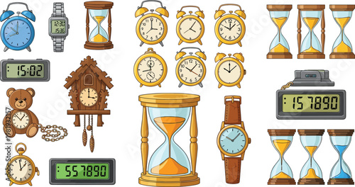 Collection of Various Clocks, Watches, and Hourglasses in Different Styles, Including Alarm Clocks, Digital Watches, and Cuckoo Clocks for Time Management and Home Decor