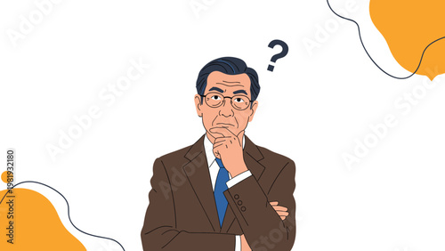 Elderly businessman in a brown suit touches his chin thoughtfully while a question mark appears above his head.