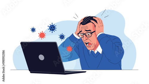 Senior man with glasses looks distressed and holds his head while viruses float around his laptop on the desk.