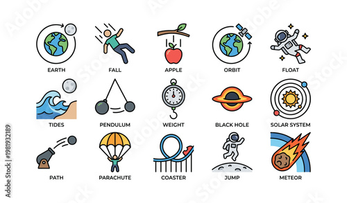 Illustrations of scientific concepts including gravity, orbit, black hole, and tides