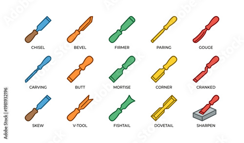 Colorful assorted woodworking chisels with labels and varied handles