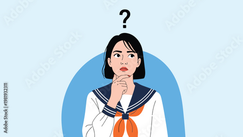 Young schoolgirl in a uniform looks up thoughtfully with her hand on her chin under a large black question mark.