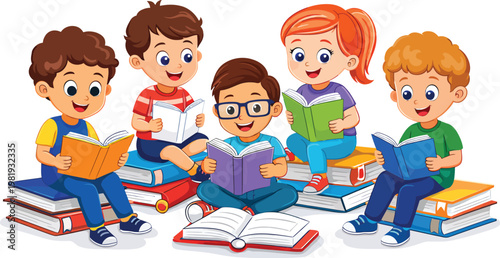 Happy Cartoon Children Reading Books