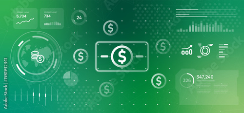 digital currency and global finance concept showing banknotes and coins icons dashboard with world map and financial growth statistics for international banking transactions
