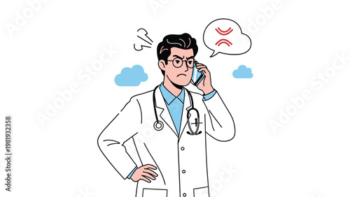 Angry male doctor in a white coat holds a phone to his ear and displays a frustrated expression with symbols above.