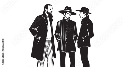 Illustration of three stylish men in coats and hats