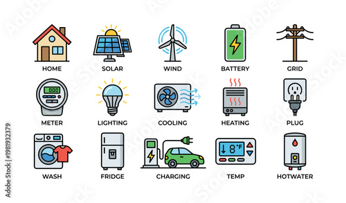 Illustration of renewable energy and home utilities icons for sustainable living
