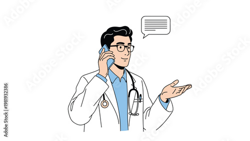 Professional male doctor on a mobile phone gestures with his hand while a text message icon appears above him.