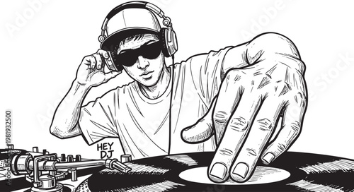 Dj scratching vinyl record on turntable isolated on white background