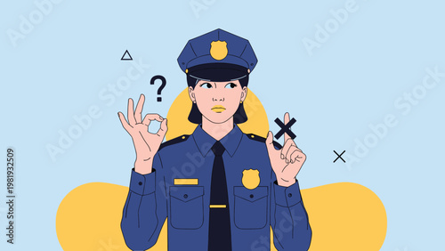 Female police officer in uniform looks confused while making an okay sign and a cross sign with her fingers.