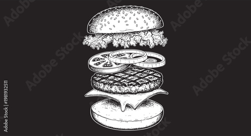 Hand drawn burger ingredients isolated on black background