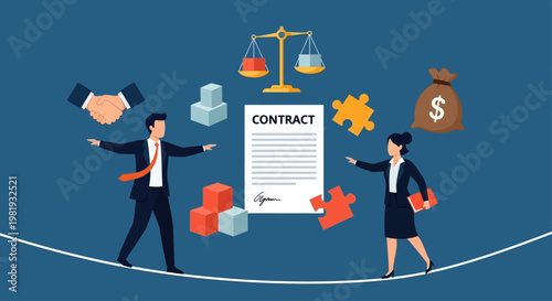 Business professionals balancing contract and finances on a tightrope carefully