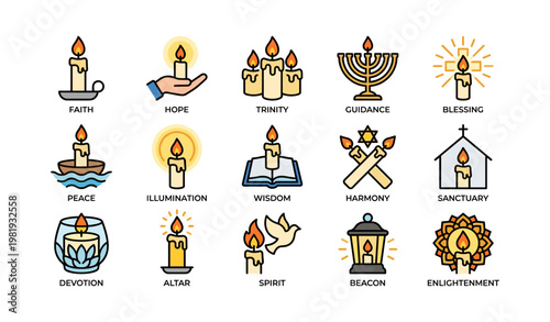Icons of spiritual symbols: candles, jewish menorah, and religious emblems