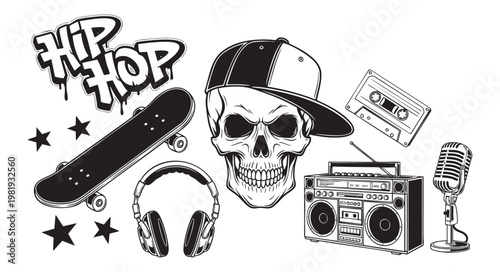 Hip hop culture elements set with skull in cap, skateboard and boombox