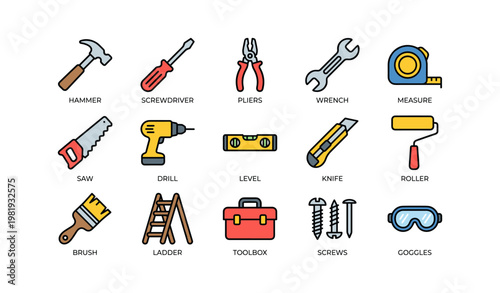 Colorful hand tools set with hammer screwdriver pliers and more