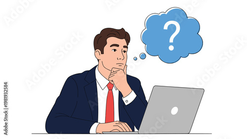 Thoughtful businessman in a navy suit sits at his laptop and touches his chin while a question mark floats above.