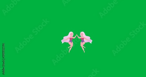 Clip starting twins appearing center, scaling close, showing symmetry, fading on transparent bg