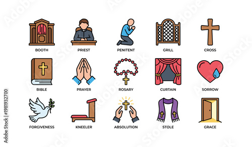 Collection of religious symbols including cross, bible, rosary, and icons of prayer and forgiveness