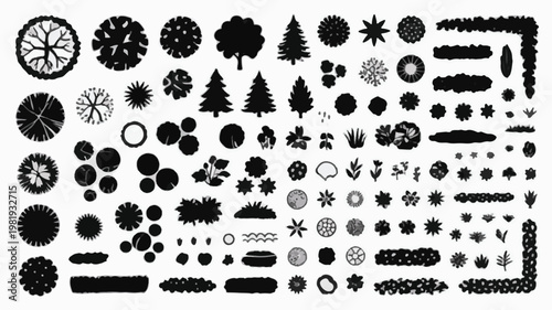 Black Silhouette Plant Icons Top View Keywords: tree, bush, plant, silhouette, icon, top view