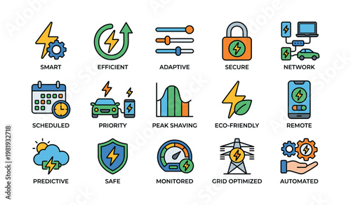 Energy management icons: smart, efficient, secure, eco-friendly solutions