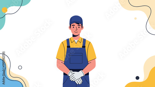 Friendly worker in blue overall uniform and cap stands smiling confidently against a decorative background with colorful shapes.