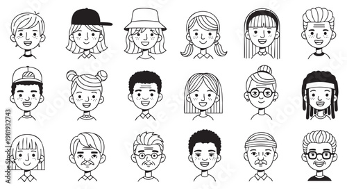Set of diverse people avatars, cartoon character portraits