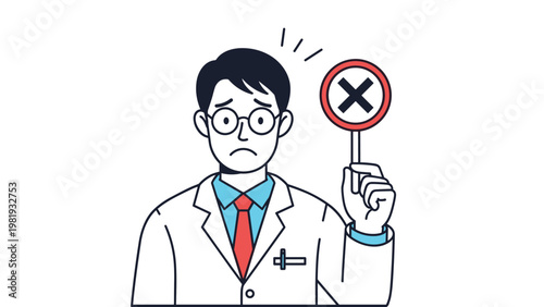 Doctor in white coat looking sad while holding a cross mark sign to indicate a refusal or negative result in healthcare.