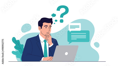 Focused businessman in suit thinks deeply about work while using a laptop with a question mark and speech bubbles above.