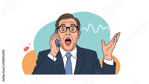 Surprised businessman with glasses looks shocked while talking on a smartphone against a colorful abstract background.