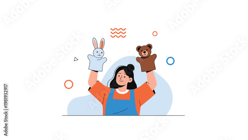 Young woman wearing an orange shirt and blue apron holds up a bunny and a bear hand puppet with a gentle smile.