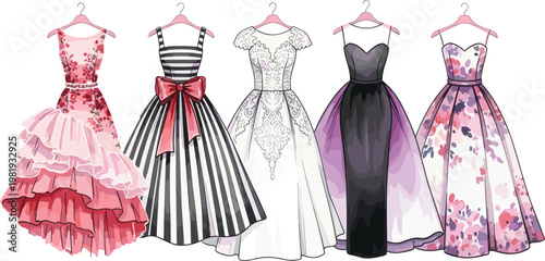 Fashionable Women’s Dresses Collection with Floral Patterns, Stripes, and Elegant Styles for Weddings, Parties, and Evening Wear Illustrations