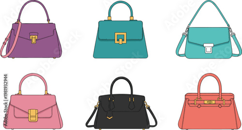 Fashion Handbag Set with Different Colors and Designs for Accessories, Luxury Fashion, and Stylish Lifestyle Illustrations