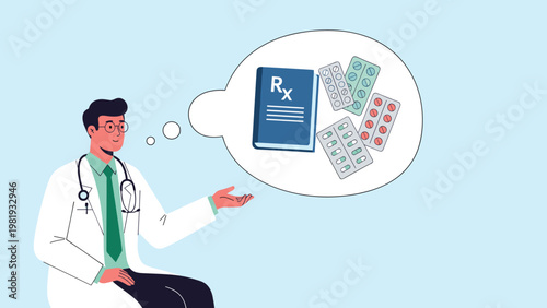 Doctor in a white coat points to a thought bubble containing a prescription book and various medicine blister packs.