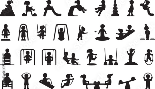 A collection of black silhouette icons depicting children playing on various playground equipment isolated on white background