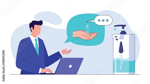 Businessman in a suit points to a screen showing hand sanitizing while working at his laptop next to a large sanitizer bottle.