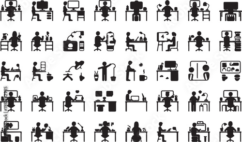 Various office workers in different positions at their desks isolated on white background