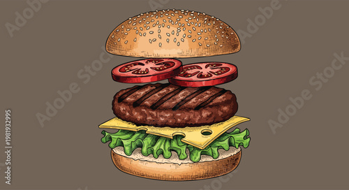 Hand drawn illustration of a delicious cheeseburger with fresh ingredients