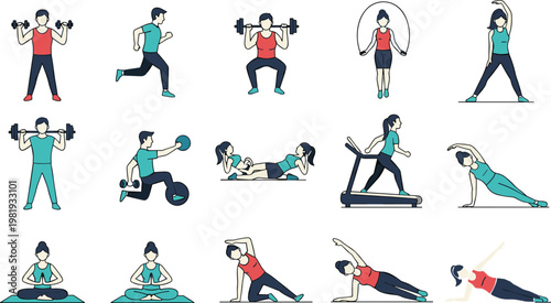 Fitness Illustration Set with Workout Exercises, Weights, and Yoga Poses for Health, Gym, and Exercise Designs