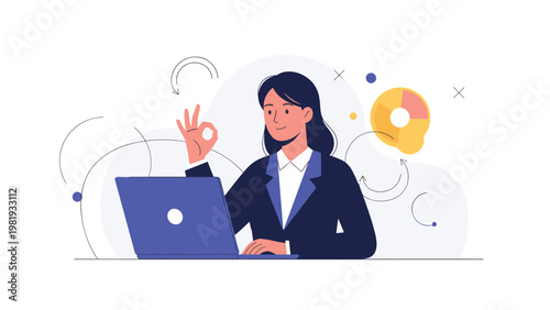 Businesswoman in a formal dark suit sits at her laptop and gives an ok sign indicating success and completion of a task.