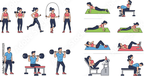Female Fitness Exercise Set with Weightlifting, Cardio, and Strength Training for Gym, Health, and Workout Illustrations