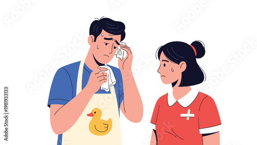 Man in an apron wipes sweat from his face with a towel while a woman in a red uniform looks at him with a worried expression.