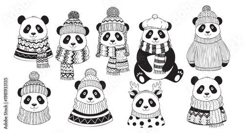 Set of cute hand drawn panda bears in winter clothes isolated on white