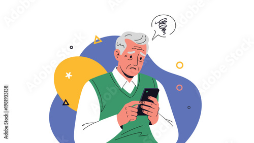 Elderly man in a green vest and white shirt looks confused and worried at his smartphone with a scribble bubble showing frustration.
