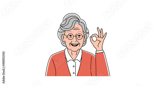 Friendly elderly woman in a red cardigan and glasses smiles warmly while giving an ok hand gesture against a white background.