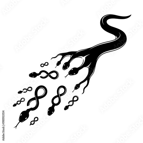 Hydra Snake Symbolizing Infinite Multiplication and Chaos, Black Ink Illustration